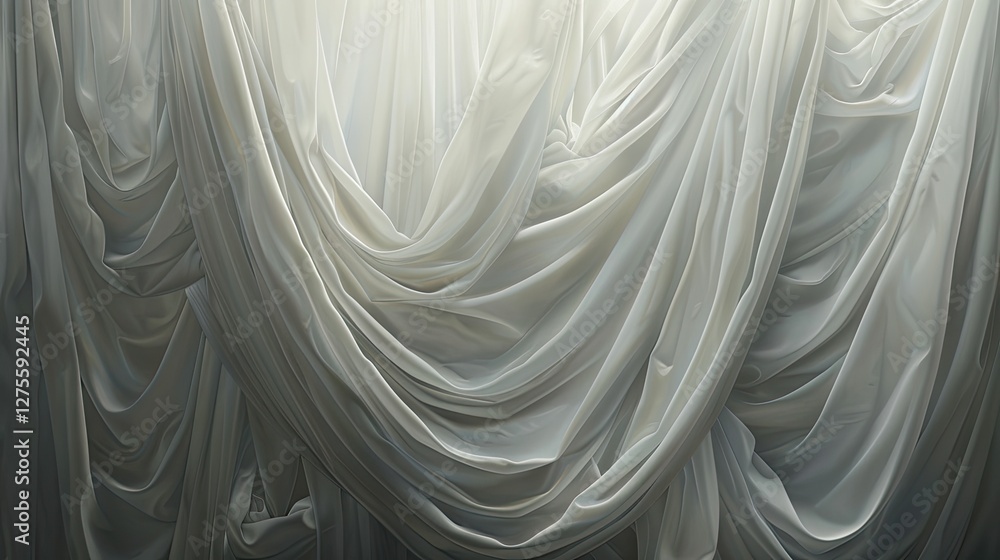 Poster elegant white draped fabric with soft folds and gentle light cascading from above creating a serene 