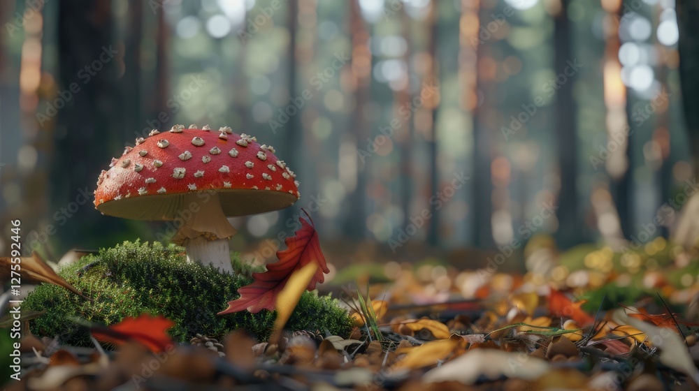 Aufkleber vibrant red fly agaric mushroom positioned on green moss amidst a bed of colorful autumn leaves with