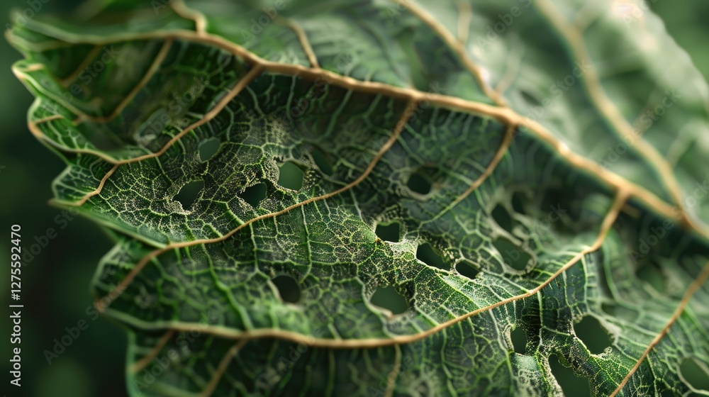 Poster Intricate close-up of a tree leaf featuring irregular holes from insect damage, deep green hues, and a textured surface highlighting natural patterns.