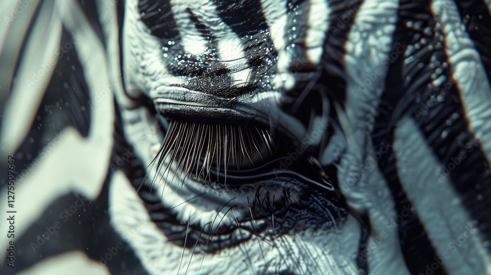 Aufkleber close-up view of zebra eye showcasing striking black and white stripes with detailed lashes and text
