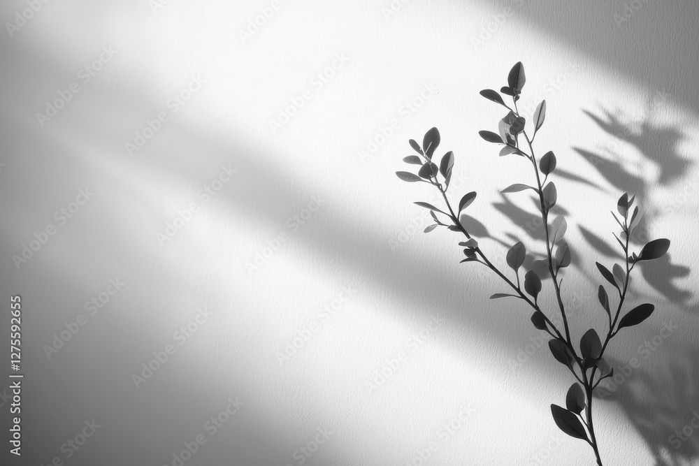 Poster monochrome image featuring a branch with leaves casting shadows on a textured white wall, creating a