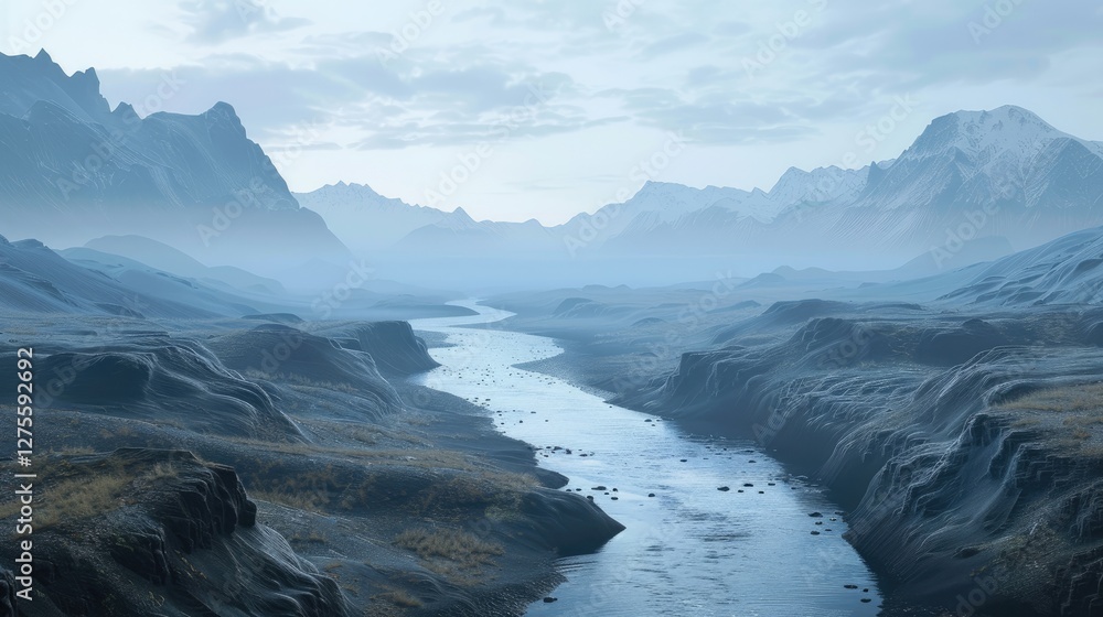 Aufkleber serene river flowing through a misty valley with distant mountains in muted gray and soft blue hues 
