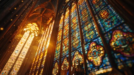 Obraz premium Dramatic stained glass windows illuminate a cathedral interior with vibrant blues, yellows, and reds, casting warm sunlight through intricate designs.