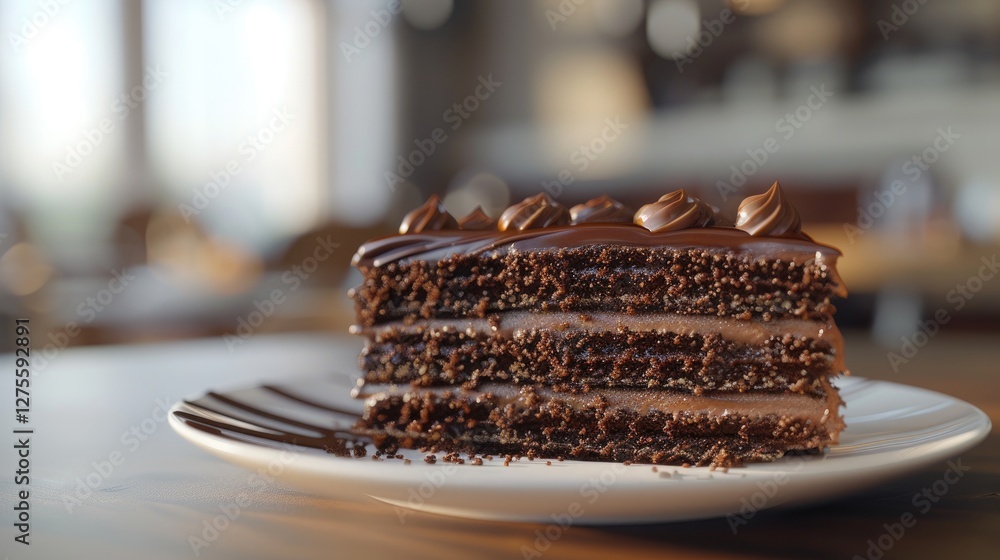 Poster delicious chocolate layer cake slice on a white plate with brown tones set against a blurred backgro