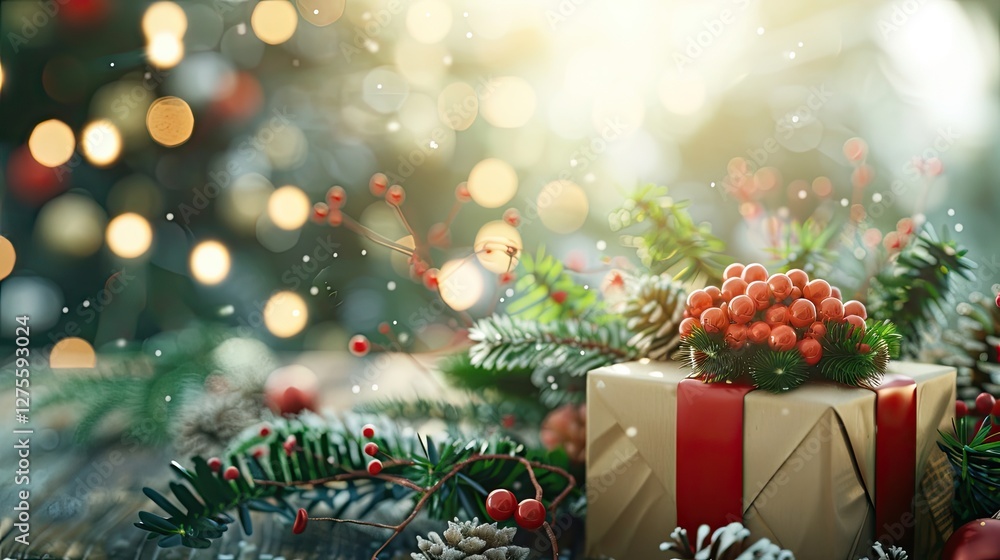 Poster christmas gift box adorned with red ribbon and berries surrounded by evergreen branches on a sunny b