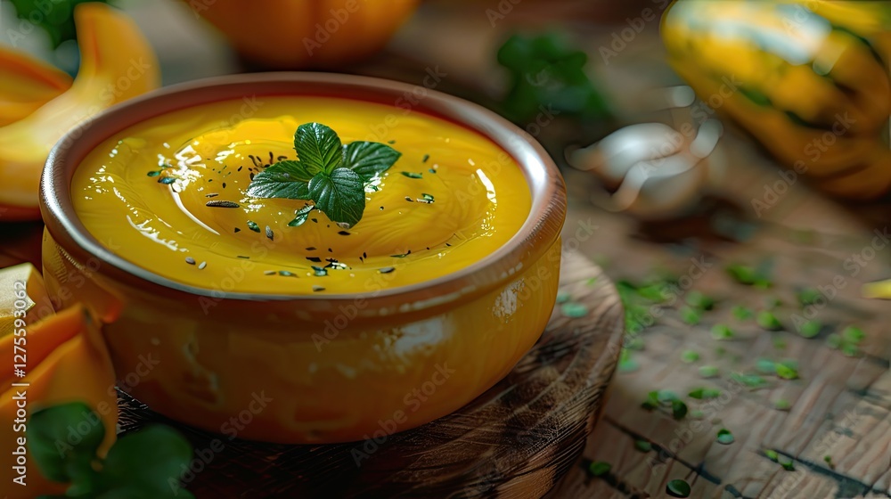 Aufkleber vibrant yellow aji de pepa sauce in a rustic brown bowl with fresh herbs on a wooden table surrounde