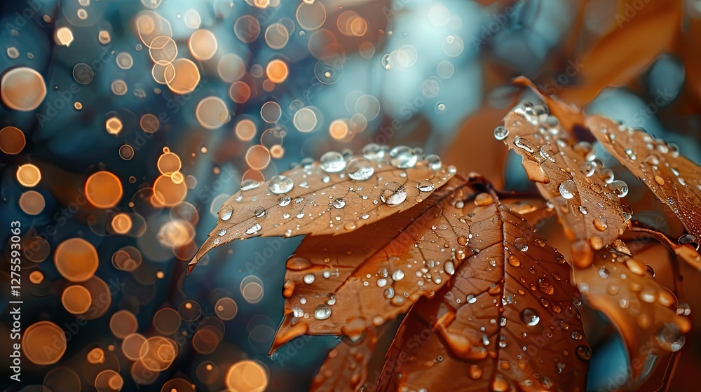 Poster brown leaves with water droplets showcasing blurred amber and teal bokeh background emphasizing text
