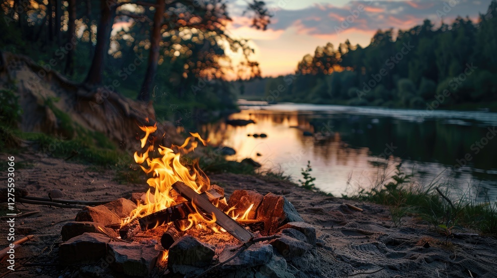 Poster campfire glowing warmly at dusk by a tranquil river surrounded by lush trees bathed in soft sunset c