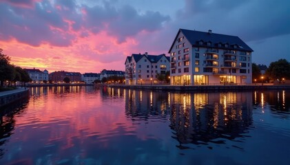 Water reflections of the Quay building at dusk, ripples, reflection