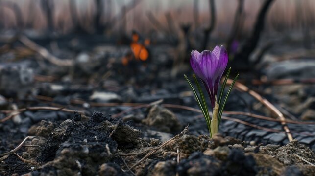 Vivid purple Crocus pulchellus blooming from charred earth with ash and burnt wood in background signifying nature's resilience after wildfires