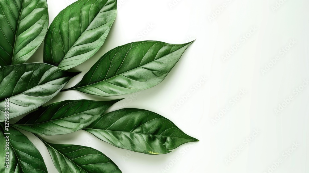 Poster vibrant green leaves with varied shapes and textures arranged in a fan-like pattern on a soft white 
