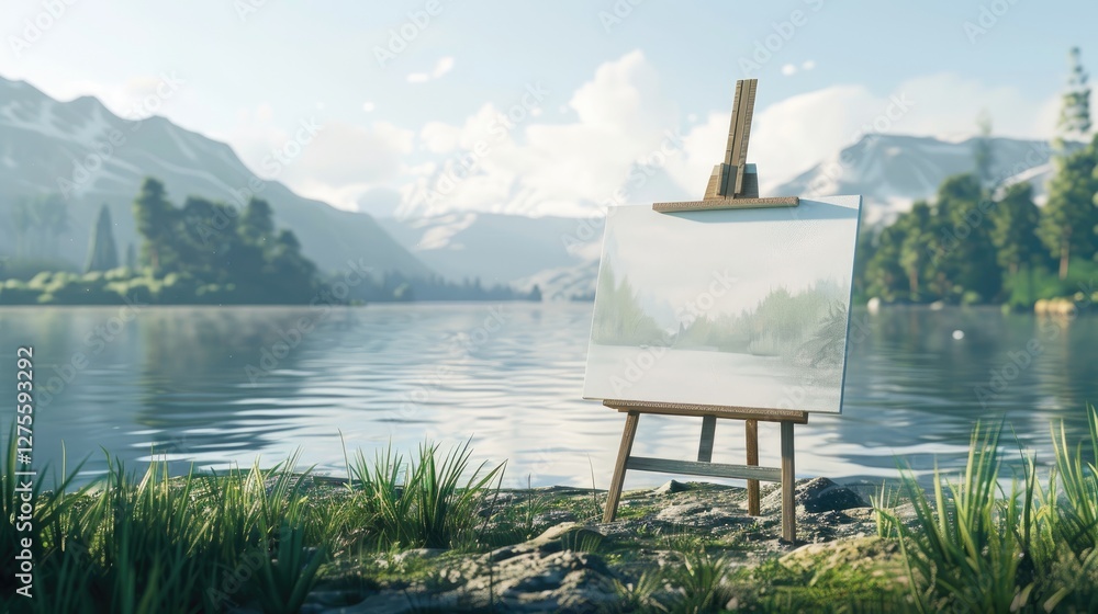 Poster serene lake landscape with a blank canvas on a wooden easel surrounded by lush greenery and mountain