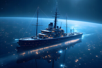 Fototapeta premium Ship sailing on the ocean with military vessels and a cruise ship in the water