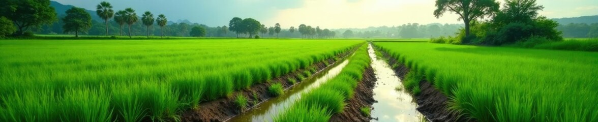 Obraz premium Wet fields with crops and trees in the background, wet land, farm life
