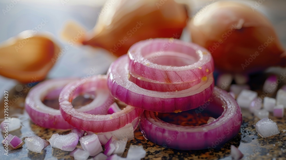 Poster Close-up of freshly sliced red onion rings stacked on a textured surface with diced onion pieces scattered and whole onions blurred in the background.