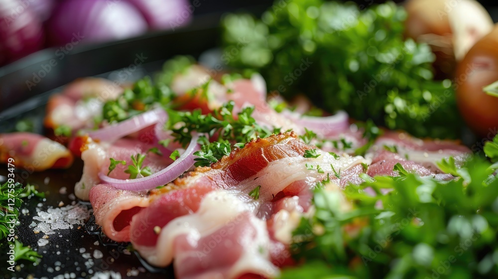 Poster aromatic bacon strips adorned with parsley and red onion slices on a dark plate with fresh green her