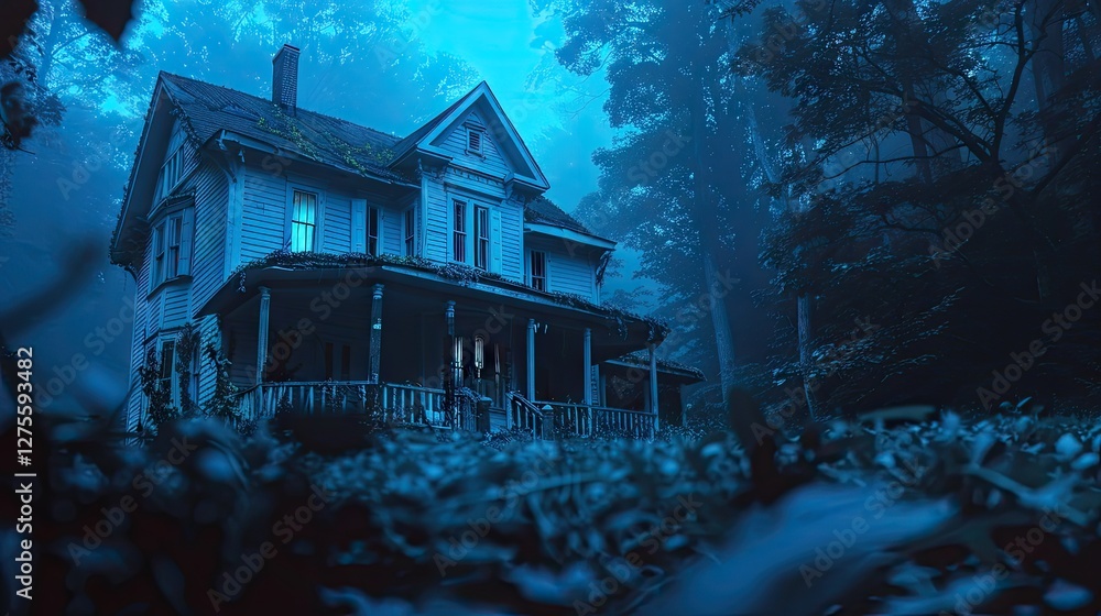 Aufkleber mysterious haunted colonial house in dark night forest with blue tones illuminated windows and dense