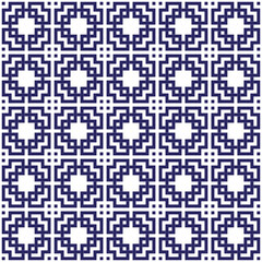 Fototapeta premium Vector geometric seamless pattern featuring interlocking squares and circular motifs in a classic blue and white palette. Chinese window tracery. 