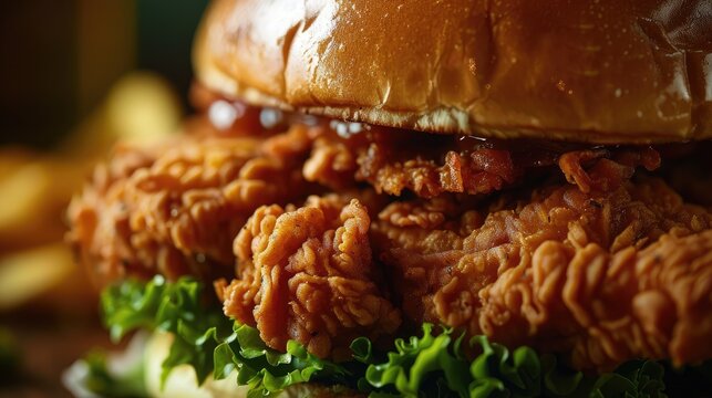 Nashville hot chicken sandwich closeup with crispy fried chicken tender, fresh lettuce, and toasted golden bun, served with fries in background.