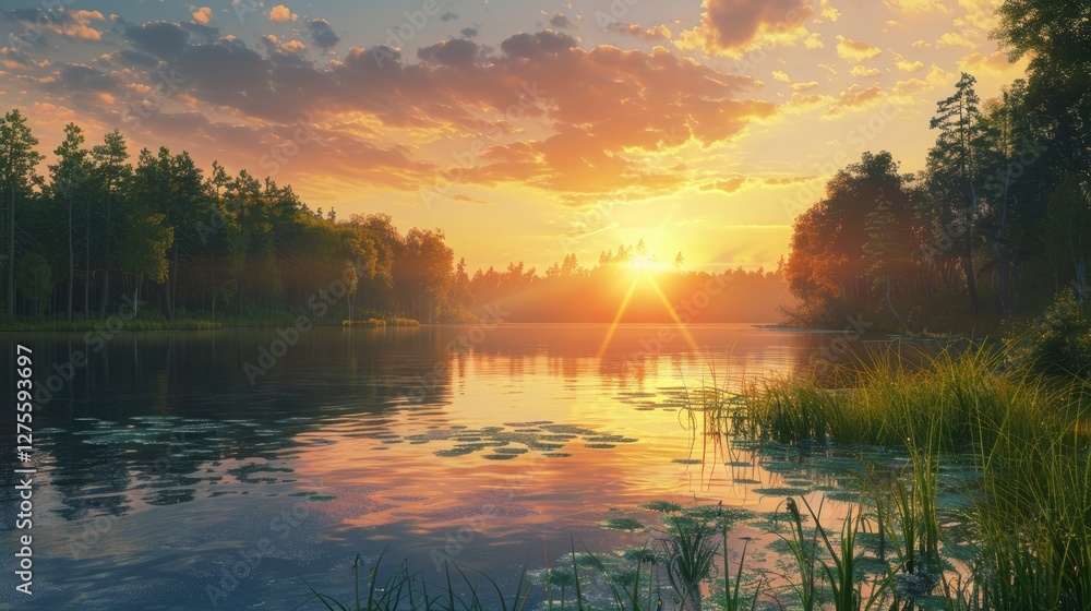 Aufkleber serene lake at sunset with vibrant orange and yellow hues reflecting on calm waters surrounded by lu