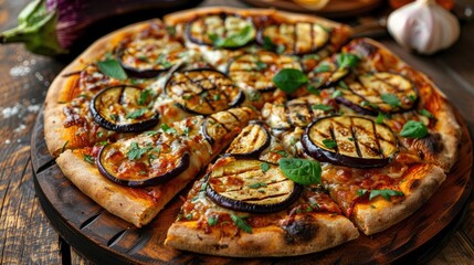 Vegetarian pizza topped with grilled zucchini and eggplant slices, garnished with fresh herbs, on a rustic wooden table with a warm color palette.