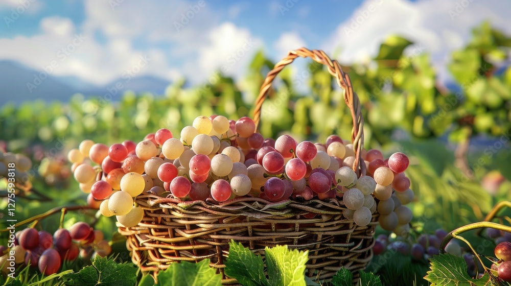Poster wicker basket filled with ripe white and red grapes positioned prominently in a sunny green valley s