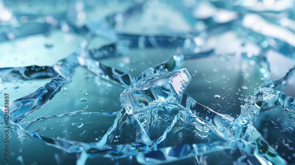 Fototapete shattered blue glass pieces scattered on a reflective surface with droplets of water creating an abs