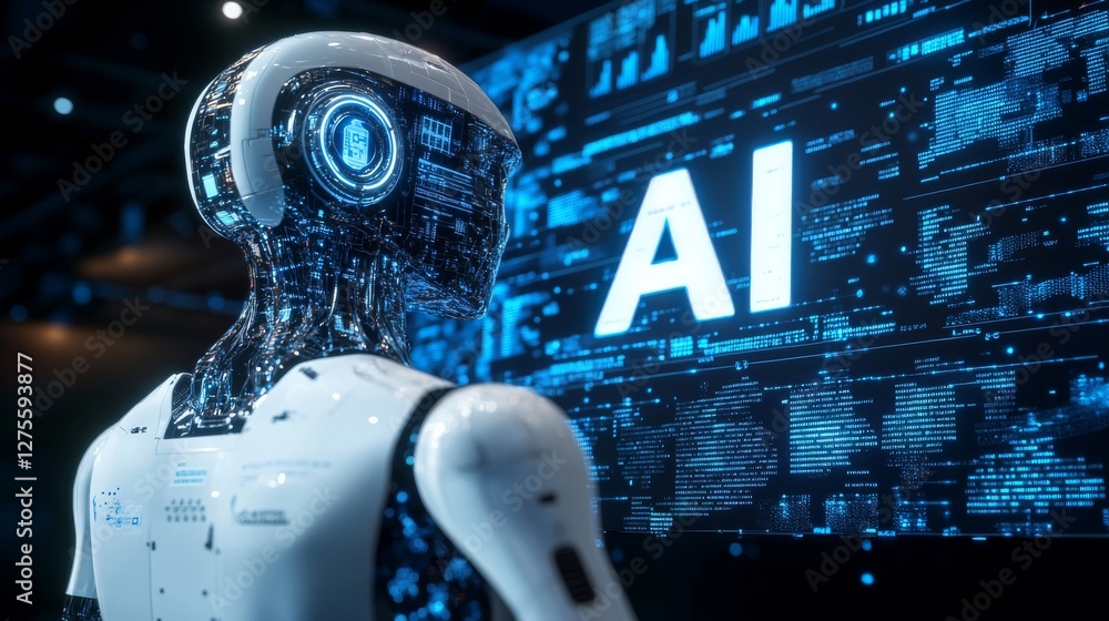 Poster a robot with a futuristic helmet is positioned slightly to the left of center, facing right. its des