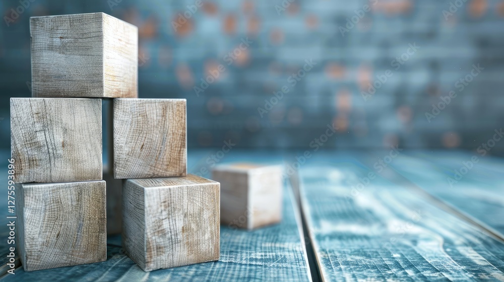 Fototapete Wooden blocks stacked in a pyramid formation on a textured blue wooden surface with a blurred background creating depth and focus on the blocks.