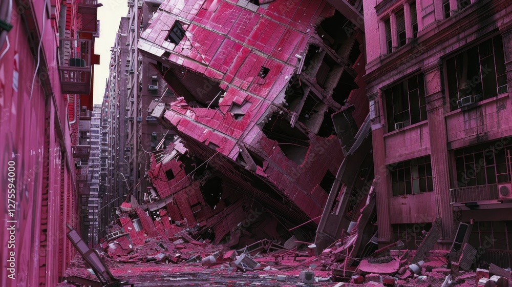 Poster abandoned pink building tilted at an angle showcasing interior disarray with scattered debris and ur
