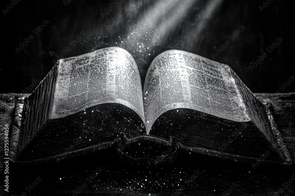 Poster a mystical monochrome image of an open antique book with ethereal light and sparkles emanating from 