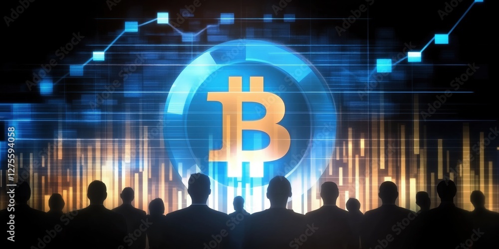 Poster technical analysis chart with bitcoin logo and silhouettes of traders at a financial event