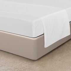 White fitted sheet over mattress on bed corner, Bed linen on the bed, closeup Bed corner with white fitted sheet