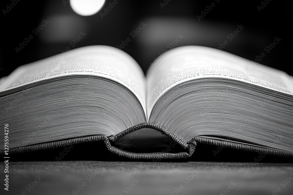 Poster an open book in black and white showcases countless pages filled with knowledge and stories, illumin