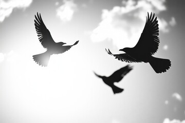 Obraz premium Three birds in flight soar against a bright sky, their wings outstretched, showcasing freedom and nature's beauty in a monochromatic scenic view.