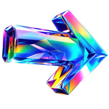 A vibrant, crystal-like 3D arrow pointing right, with colorful hues reflecting off its facets, creating a sparkling, futuristic look against a white background.