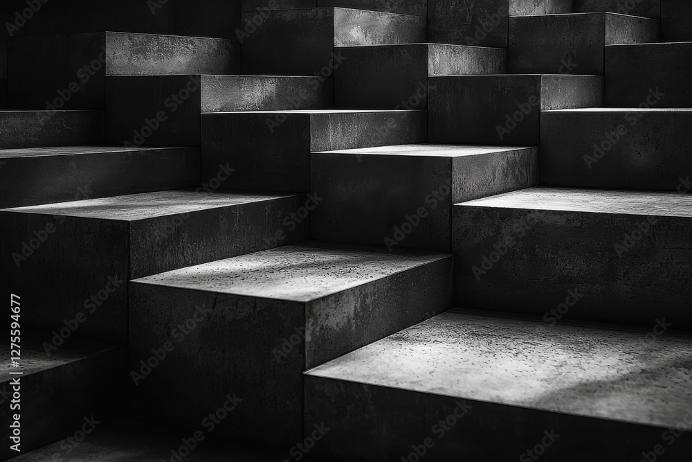 Poster a dramatic monochrome photograph of geometrically arranged concrete blocks creating an abstract arch