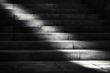 An abstract grayscale view captures the detail and light on a set of concrete steps, with the shadows emphasizing the architectural design and texture of the structure.