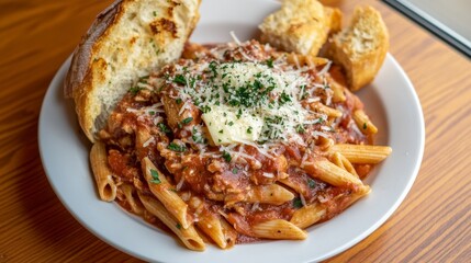 Aromatic Italian Penne Pasta with Garlic Bread and Parmesan Cheese