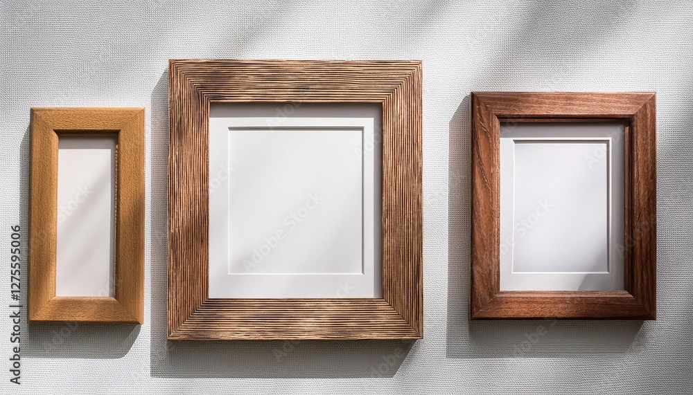 Poster elegant wooden photo frames arranged on a neutral white backdrop at twilight, adding a timeless touc