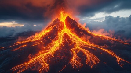 Erupting volcano displays stunning lava flows, glowing embers, billowing smoke, and dramatic sky at dusk