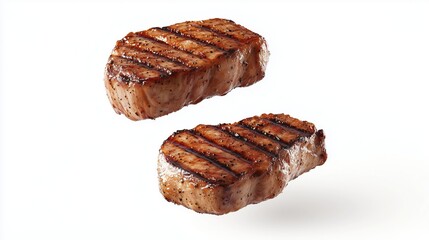Grilled pork chop steaks with rich texture and seared grill marks, flying in mid air isolated on white background