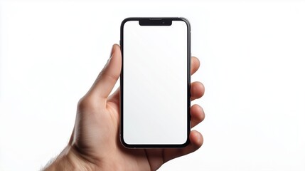 Hand holding a modern smartphone with blank display mockup concept isolated on white background
