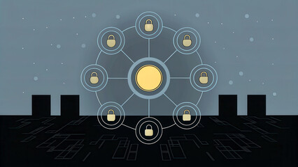 Obraz premium gold investment with security and inflation protection concept. Digital illustration of a network with nodes connected to a central sun over a dark skyline.