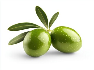 Obraz premium Green olive isolated on white background with leaves showcasing freshness and vibrant color