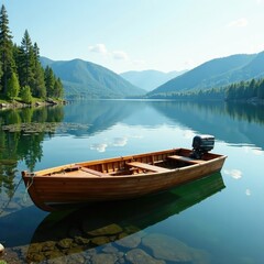 Obraz premium Wooden boat with motor on still lake teletskoye, lake teletskoye, wooden boat
