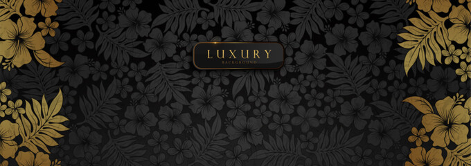 Luxury black and gold hibiscus background, horizontal floral design template for invitations, branding, and websites, elegant vector illustration, Not AI-Generated © kirkchai