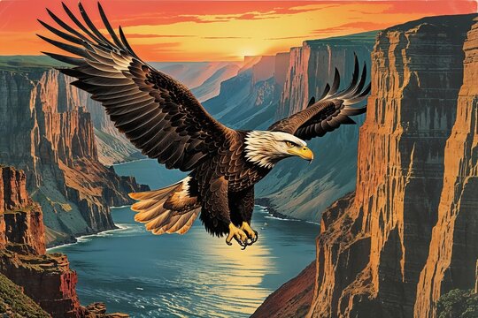 Vintage Eagle Collage Flying Above Stunning Cliffs at Sunset