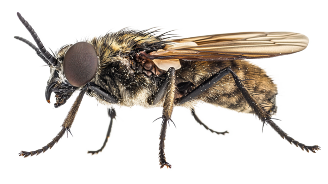 Close-up detail of a house fly isolated on transparent background