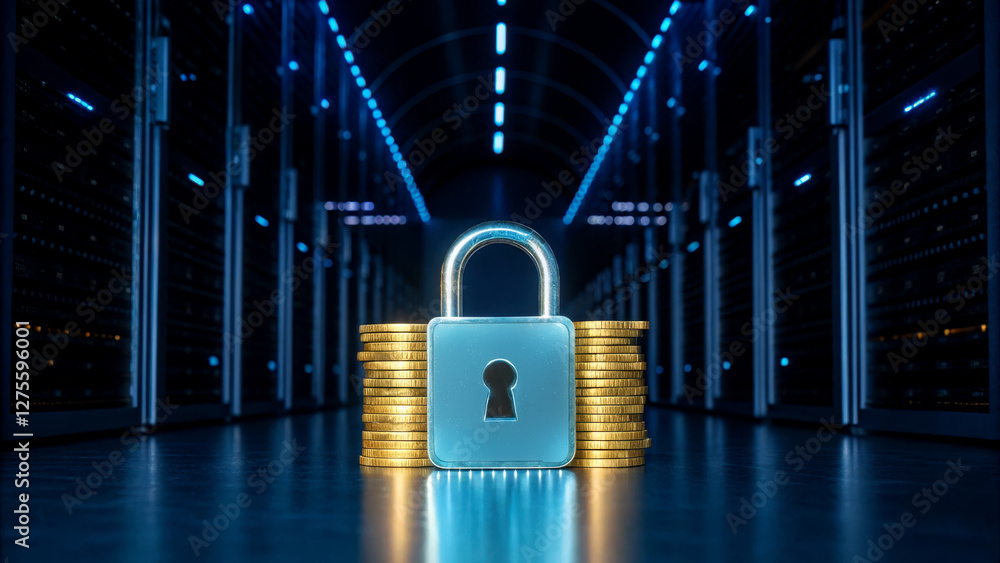 Poster gold investment with security and inflation protection concept. digital padlock with coins in a high